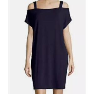 Eileen Fisher Dress Large Navy Blue Cold Shoulder Fine Tencel Jersey Stretch